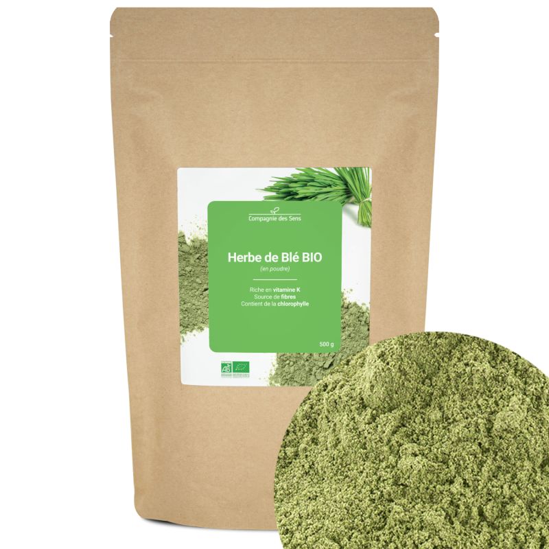 Sachet kraft de poudre d’herbe de blé bio 500g – Super-aliment certifié AB